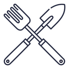 Gardening tools crossed. Simple outline icon of a gardening trowel and hand rake crossed over each other.