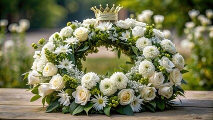 Elegant funeral wreath adorned with intricate white flowers, delicate foliage, and a majestic crown, conveying respect and dignity in a solemn occasion.