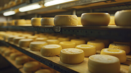 Cheeses aging on shelves in a cheese factory, arranged in a row on wooden platforms. The view of warm yellow cheese wheels under soft lighting