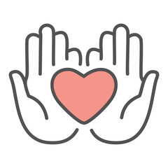 Hands holding heart icon. Simple line icon of two hands cupping a heart. Perfect for representing love, care, and generosity.