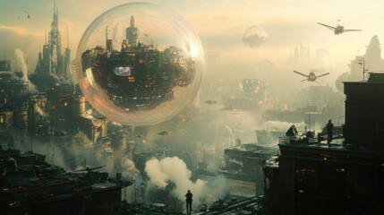 Obraz premium Futuristic Cityscape with a Giant Transparent Sphere Enclosing a City
