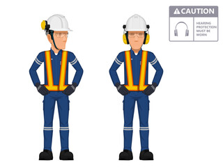 Two industrial workers  with earmuffs on white background