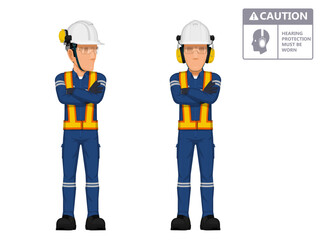 Two industrial workers  with earmuffs on white background