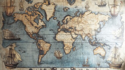 Obraz premium Vintage map wallpaper with detailed illustrations of old-world continents and seas, perfect for an explorer's study.