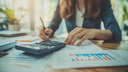 Closeup of a businesswoman or accountant using a calculator to analyze and plan financial reports while working at her workplace focusing on financial and accounting concepts