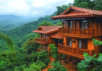 A charming wooden house with a balcony nestled in a lush green rainforest.