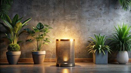 Luxuriant minimalism surrounds sleek speaker aesthetics blending industrial chic with plants in warm golden hour light on dark concrete backdrop.
