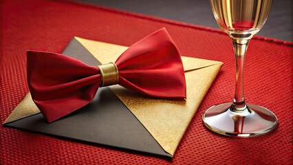 Elegant red carpet unfurls beneath a gold-foiled invitation card, adorned with a bow tie and champagne flute, exuding luxury and sophistication for a high-end event.