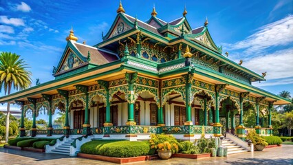 Fototapeta premium Elegant traditional Indonesian architecture of Mangkunegaran Palace in Solo, Central Java, featuring intricate carvings, ornate ornaments, and vibrant colors against a clear blue sky.