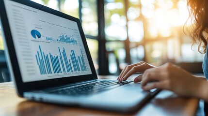 Closeup of a businesswoman or accountant working on a laptop with analytical business reports graphs and finance charts focusing on financial and investment concepts