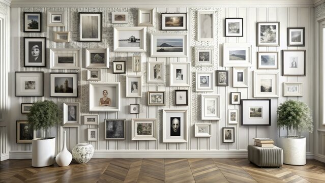 Elegant white gallery wall featuring a collection of vintage and modern photo frames in various shapes and sizes, filled with black and white memories.