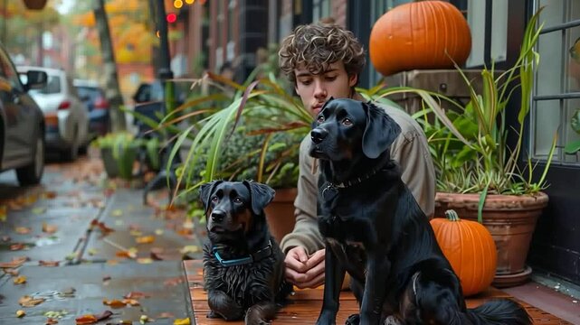 A young man enjoys autumn with two dogs beside decorated pumpkins on a cozy street in the city