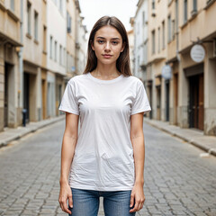 Fototapeta premium Minimalist Urban Fashion Young Woman Posing in White T-Shirt on Empty City Street
