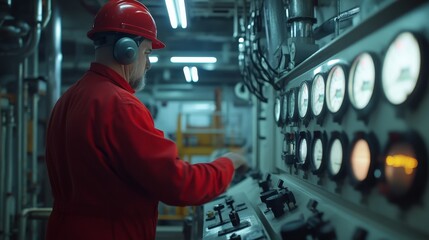 Futuristic Technicians Monitoring Gauges in 8K Cinematic Oil Platform Engine Room