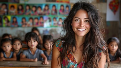 Naklejka premium A young woman smiles brightly at the camera in a classroom full of children.