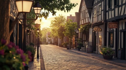 Fototapeta premium Detailed view of a beautifully paved road through a quaint, historic town with charming buildings and street lamps