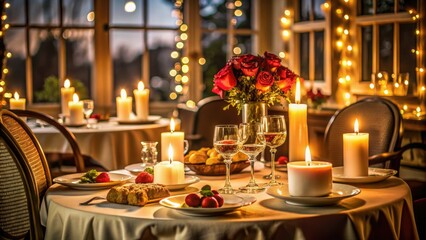 Elegantly set table with lit candles, fine china, and a mouthwatering meal, creating a warm and intimate ambiance for a romantic evening in.