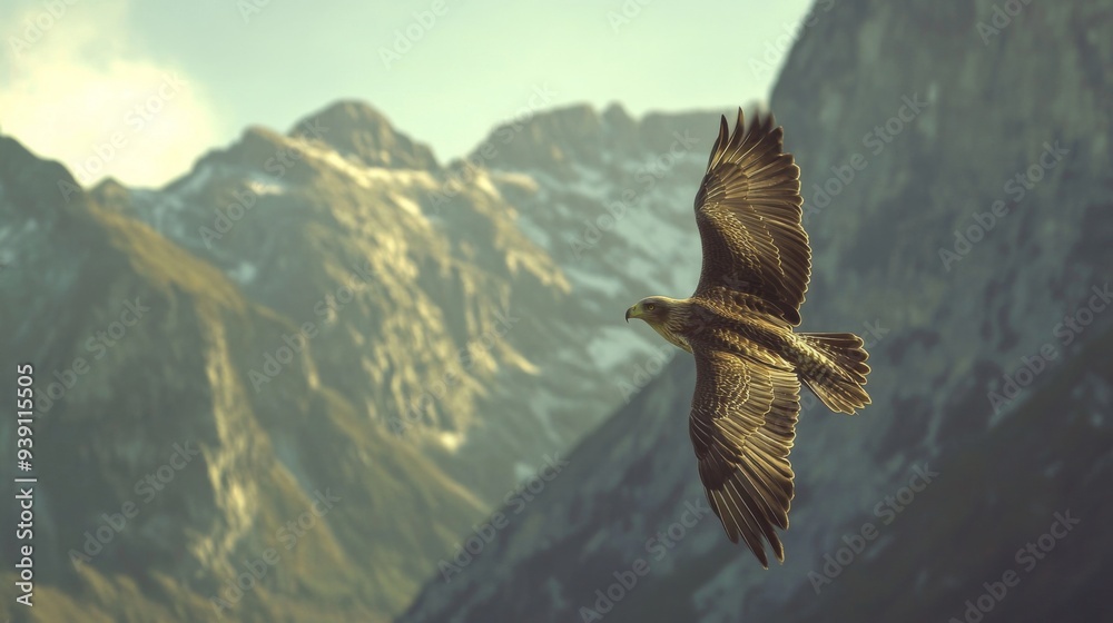 Poster detailed view of a bird gliding close to a mountain range, with clear focus on the bird and rugged l