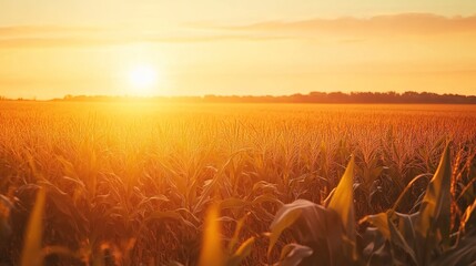 Serene Cornfield at Sunset: Golden Rays of Light Filtering Through Stalks with a Warm Orange Sky