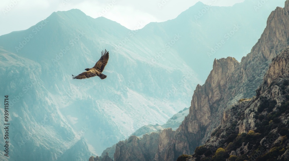 Poster detailed view of a bird gliding close to a mountain range, with clear focus on the bird and rugged l