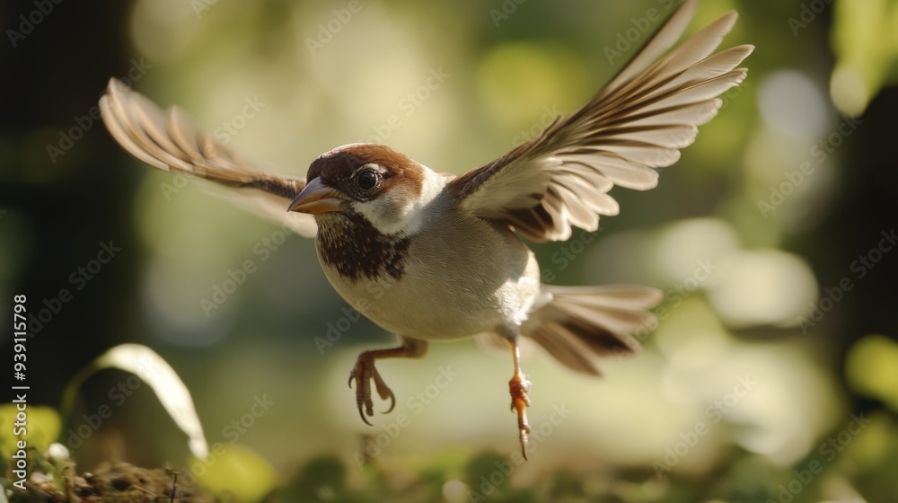 Poster Detailed view of a bird hovering close to the ground, with its wings flapping and background blurred