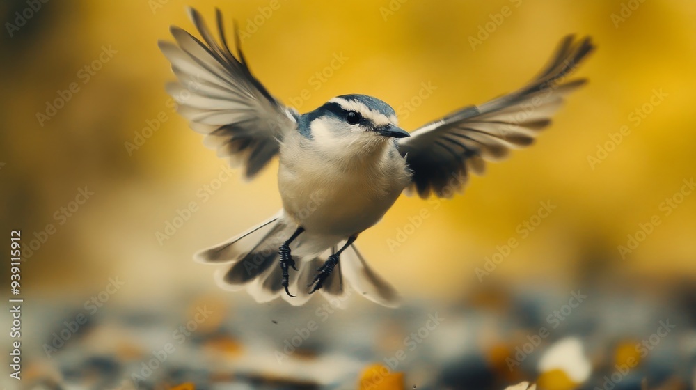 Poster Detailed view of a bird hovering close to the ground, with its wings flapping and background blurred