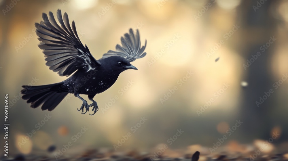 Poster Detailed view of a bird hovering close to the ground, with its wings flapping and background blurred