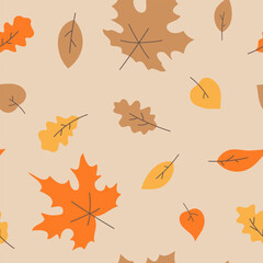 Obraz premium Autumn background with falling leaves, seamless autumn pattern with maple and oak leaves.