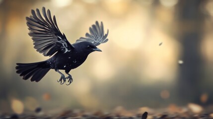 Detailed view of a bird hovering close to the ground, with its wings flapping and background blurred