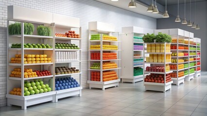 Fototapeta premium Empty white stand mockup with colorful backgrounds, shelves, and hanging signs, ideal for showcasing grocery products, promotions, and branding in a retail setting.