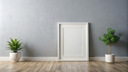 Empty white picture frame with a minimalist interior wall background, perfect for showcasing artwork, prints, or digital designs in a modern home or office setting.