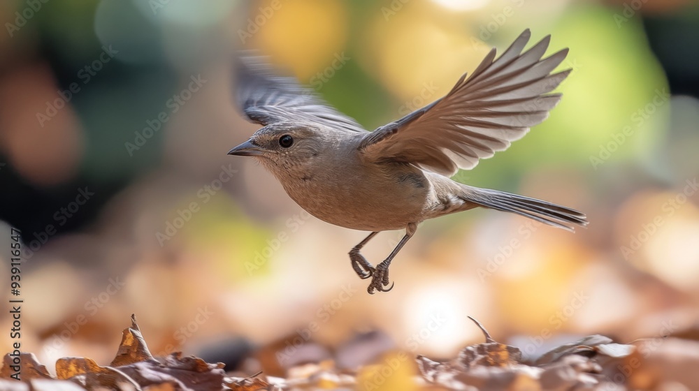 Aufkleber detailed view of a bird hovering close to the ground, with its wings flapping and background blurred