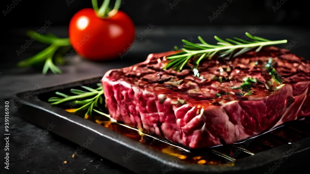 Poster  Deliciously grilled steak with fresh herbs and a juicy tomato on the side