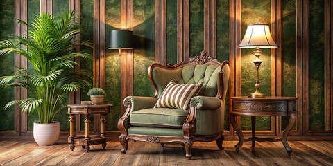 Richly upholstered chair sits against bold, striped backdrop, surrounded by vintage treasures and lush greenery, exuding nostalgic charm and effortless elegance in warm, golden light.