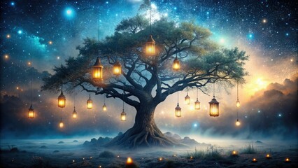 Ethereal mist surrounds a serene ancient tree, adorned with glowing lanterns, amidst a starry night sky, evoking a sense of mystic tranquility and spiritual connection.