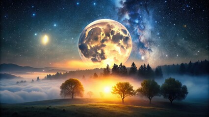 Fototapeta premium Ethereal full moon aglow with soft, pulsing light, suspended in a dark starry night sky, casting an otherworldly glow over the serene, misty landscape.