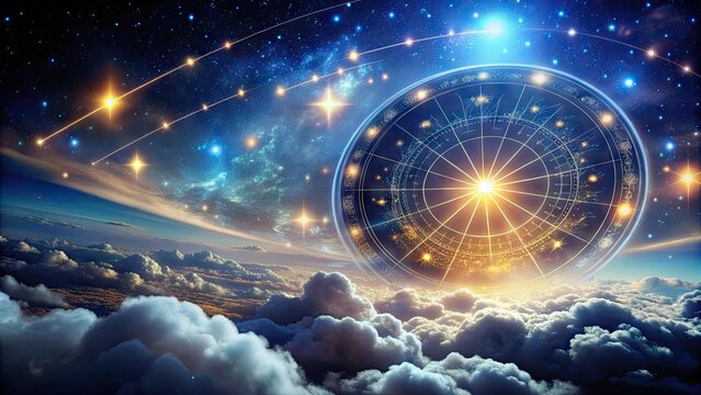 Ethereal, glow-in-the-dark stars and swirling clouds surround a mysterious, ancient-looking astrological chart, illuminated by a soft, otherworldly light in a dreamy, nighttime setting.