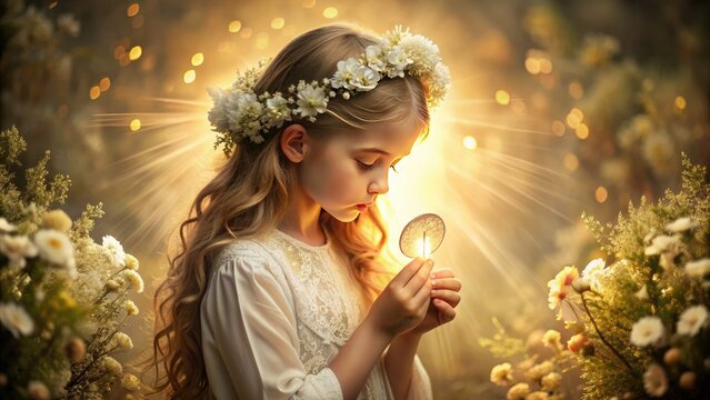 Ethereal, golden-lit illustration of a serene girl reverently holding a communion wafer, surrounded by delicate flowers, lace, and subtle holy symbols.