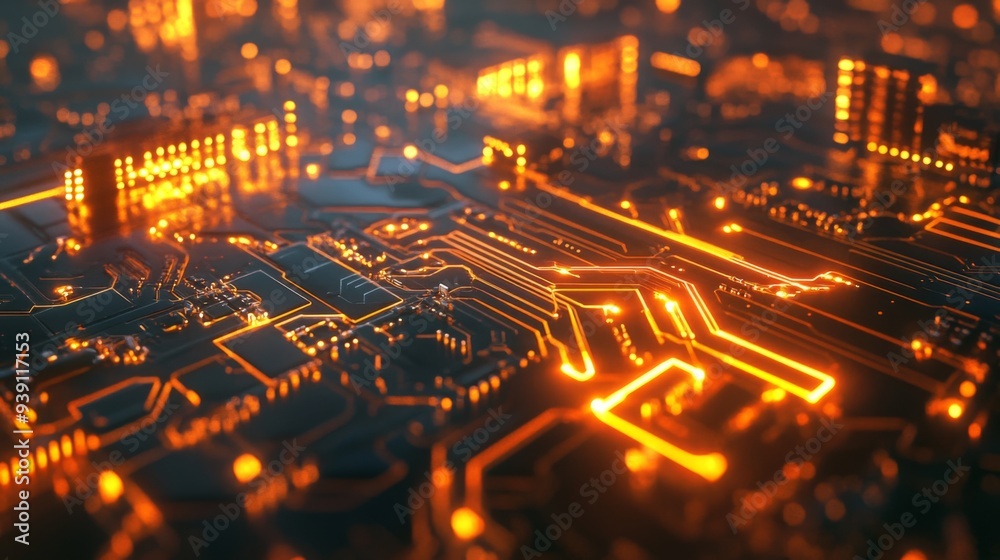 Fototapete Detailed view of a circuit board with visible electrical wave patterns and glowing components