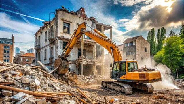 Excavator smashing old building into piles of rubble and debris, clearing land for new construction project in urban renewal area.