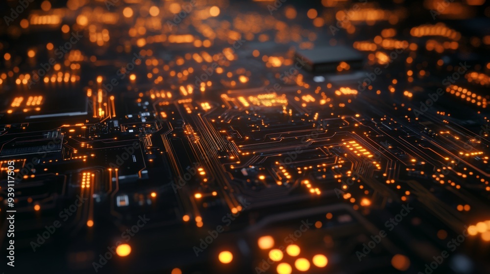 Poster detailed view of a circuit board with visible electrical wave patterns and glowing components