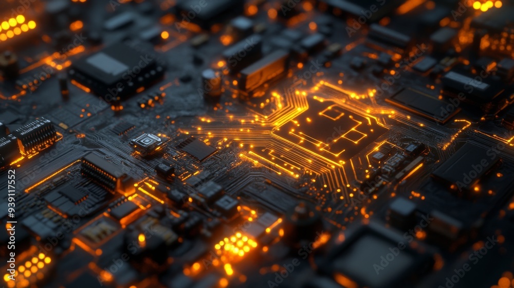 Fototapete Detailed view of a circuit board with visible electrical wave patterns and glowing components