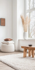 Calming and cosy minimalist room interiors for serene living. Relaxing interior design composition with elegant furniture and decor.