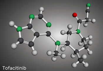 Tofacitinib drug molecule. It is used to treat rheumatic arthritis RA, psoriatic arthritis PsA. Molecular model. 3D rendering.