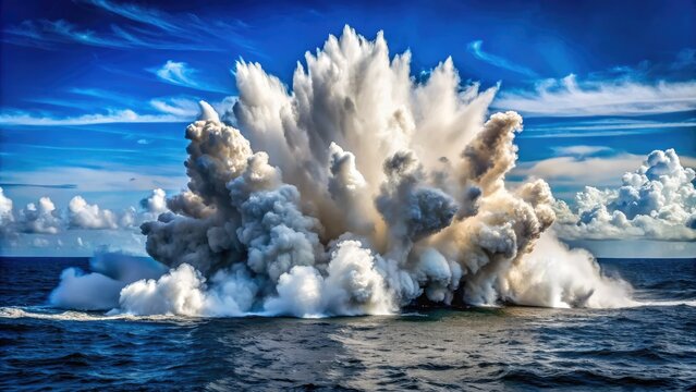 Explosion erupts in the calm ocean water as a depth charge detonates, sending a massive plume of white foam and spray high into the air.