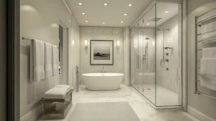 Modern Bathroom with Marble Walls, Freestanding Tub, and Glass Shower Enclosure