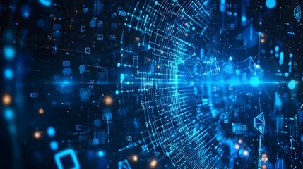 Fototapeta premium A dynamic background showcasing digital transformation themes with binary code and technology icons. Ideal for AI-driven business solutions and digital innovation.