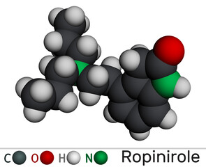 Ropinirole  drug molecule. Used to treat the symptoms of Parkinson's disease. Restless Legs Syndrome RLS. Molecular model. 3D rendering.