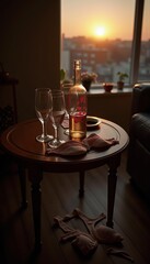 A cozy sunset scene featuring a bottle of ros&eacute; and glasses on a table, creating a romantic ambiance perfect for intimate gatherings or celebrations.