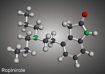 Ropinirole  drug molecule. Used to treat the symptoms of Parkinson's disease. Restless Legs Syndrome RLS. Molecular model. 3D rendering.